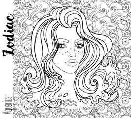 Illustration of Aquarius astrological sign as a beautiful girl. Zodiac vector drawing isolated in black and white. Future telling, horoscope, alchemy, spirituality. Coloring book for adults.
