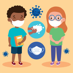 New normal school of girl and boy kid with mask design of covid 19 virus and prevention theme Vector illustration