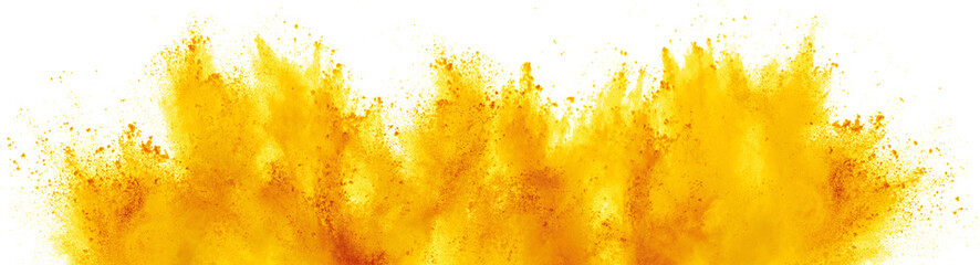 bright yellow holi paint color powder festival explosion isolated white background. industrial...