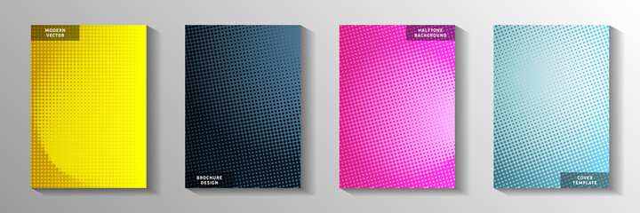 Futuristic dot screen tone gradation cover page templates vector set. Digital poster faded screen 