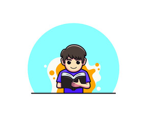 Cartoon child reading a book, cute cartoon design vector illustration