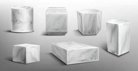 Marble pedestals or podium, abstract geometric empty museum stages, stone exhibit displays for award ceremony or product presentation. Gallery platform, blank product stands, Realistic 3d vector set