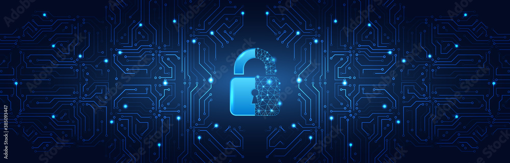 Poster Internet security technology concept for business. Confidential data protection. Cybersecurity or information privacy idea. Padlock on the blue circuit board background.