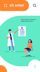 Woman examining eyes with help of ophthalmologist. Oculist, letter, hospital flat vector illustration. Medicine and healthcare concept for banner, website design or landing web page