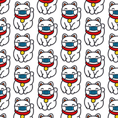 maneki neko seamless doodle pattern, vector color illustration