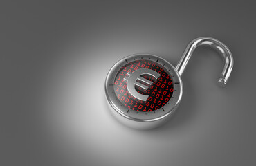 Unlocked Euros data,breached,hacked,vulnerable that are unprotected and unsecured as 3d rendering.