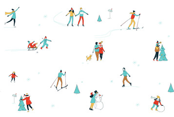 Fototapeta na wymiar Winter sport activities seamless pattern background. Christmas decorating skiing skating fun.
