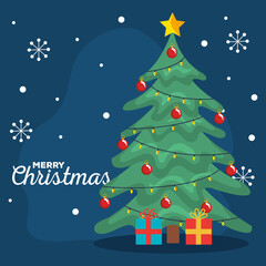 merry christmas pine tree with gifts and snowflakes design, winter season and decoration theme Vector illustration