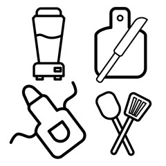 Cooking utensils icons isolated on white background. Set of kitchenware with apron, spatula, blender and cutting board.