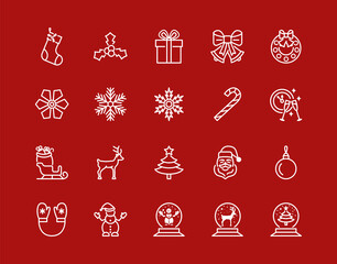 Christmas and New Year flat line icon set white color on a red background. Editable strokes.