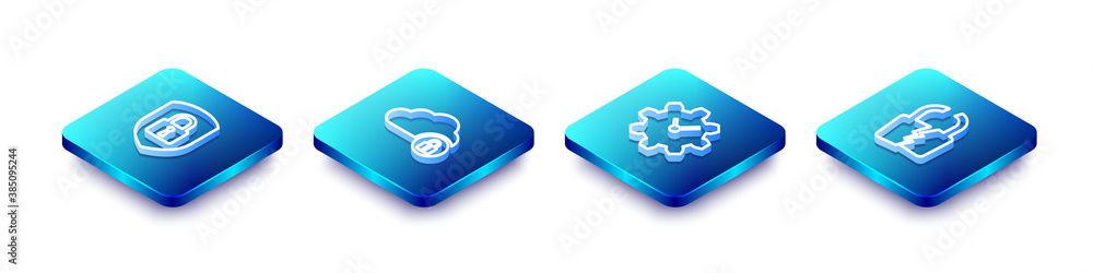Poster set isometric line shield security with lock, cloud computing, time management and broken or cracked