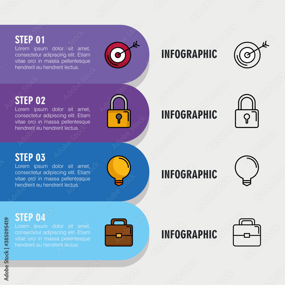 Poster infographic steps target padlock light bulb and suitcase design, data analysis and information theme