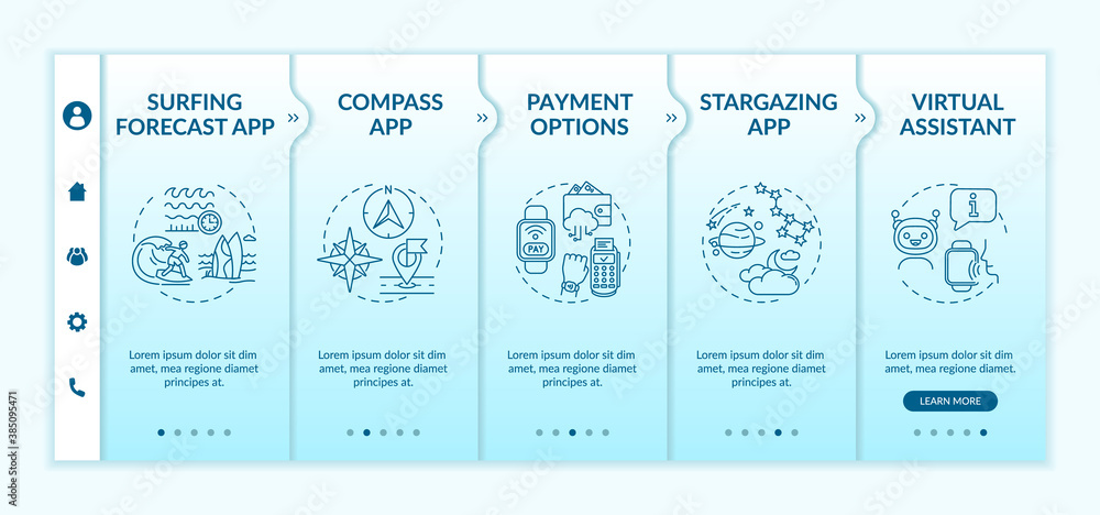 Poster smartwatch capabilities onboarding vector template. compass app. virtual assistant. stargazing app. 