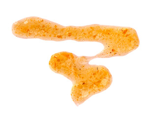 Orange thick jam drizzle, isolated on white background. Mandarin marmalade, Sea buckthorn jam, topping drops. Top view.
