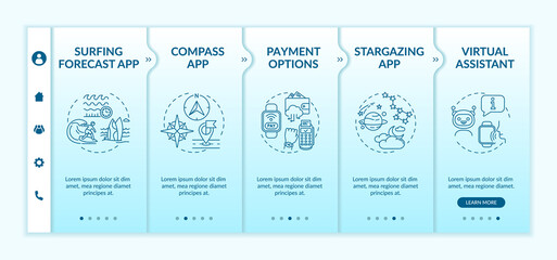 Smartwatch capabilities onboarding vector template. Compass app. Virtual assistant. Stargazing app. Responsive mobile website with icons. Webpage walkthrough step screens. RGB color concept