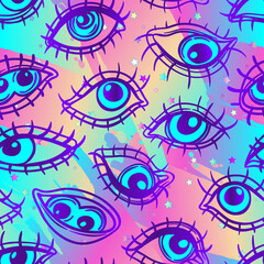 Eyes, seamless pattern over colorful dotted retro 80s, 90s abstract background. Vintage psychedelic textile, fabric, wrapping, wallpaper. Vector illustration. Astrology, religion. Conspiracy theory