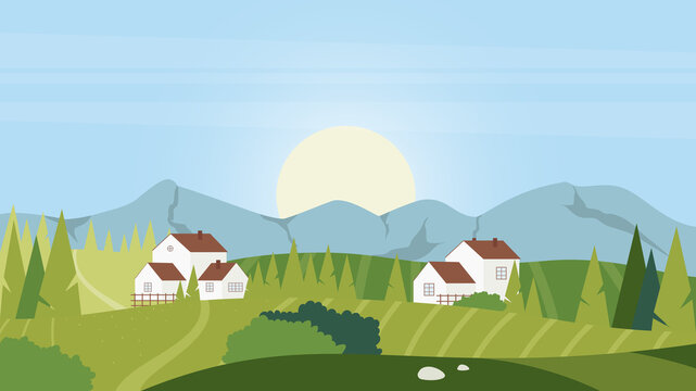 Summer rural village landscape vector illustration. Cartoon countryside farmland idyllic scene with farm houses, green agriculture lands, fields on hills and sun on horizon, morning nature background