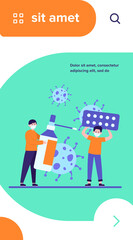 Protection from virus. Guy holding pills, his friend self protecting with mask and sanitizer flat vector illustration. Coronavirus epidemic concept for banner, website design or landing web page