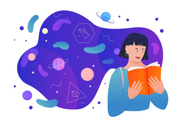 Read scientific books vector illustration. Cartoon young reader character studying, woman student reading textbook or encyclopedia with science knowledge information from library isolated on white