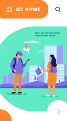 Tourist with paper map asking destination. Man explaining way to woman, using location app on cell flat vector illustration. Navigation, travel concept for banner, website design or landing web page