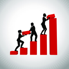 Executives working as a team on a bar chart indicating progress.