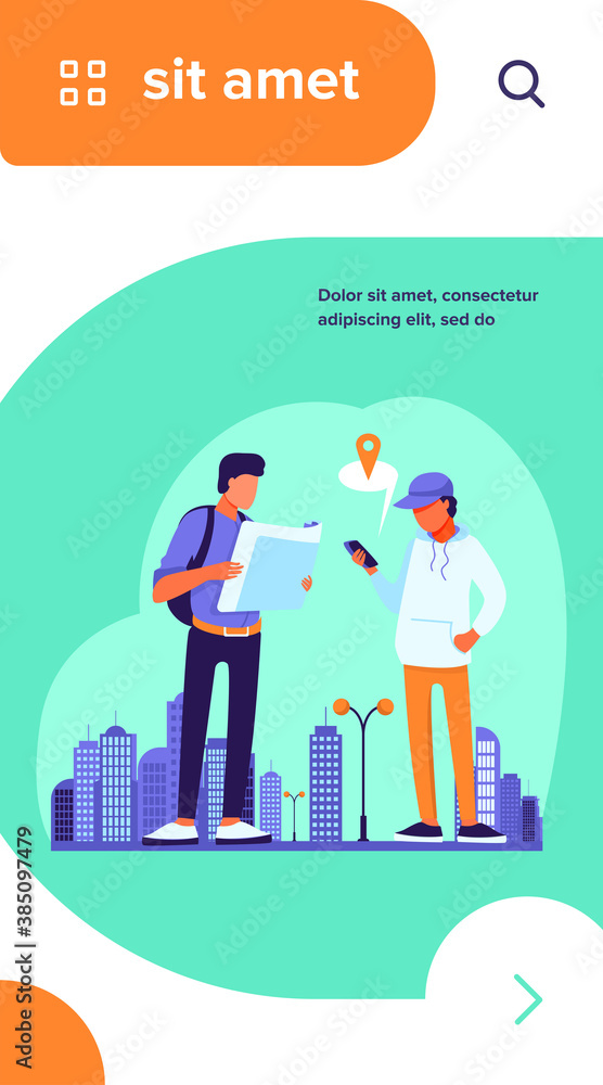 Poster people using paper map and location app on mobile phone. tourists finding way in city flat vector il
