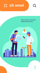 People using paper map and location app on mobile phone. Tourists finding way in city flat vector illustration. Navigation, travel concept for banner, website design or landing web page