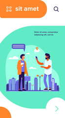 People using location app on phone. Asking way, speech bubble with map pointer flat vector illustration. Navigation, travel, communication concept for banner, website design or landing web page