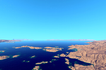 Alien Planet. Mountain and lake. 3D rendering