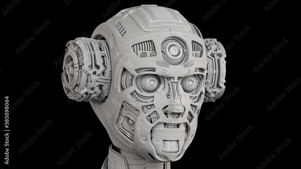 Aufkleber 3d render of a very detailed futuristic robot or humanoid cyborg head. wireframe shape in polygons. 