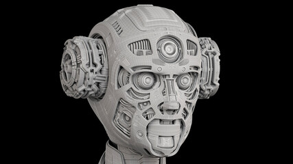 3d render of a very detailed futuristic robot or humanoid cyborg head. Wireframe shape in polygons. Isolated on back background