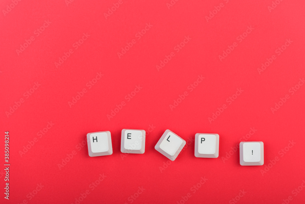 Fototapete keyboard key with word “help” from keys isolated. white keyboard key on red background. top view. cl