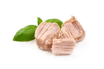 Canned Meat with basil leaves, close-up, isolated on white background