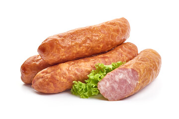 Smoked pork sausages, close-up, isolated on white background