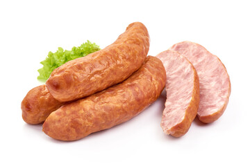 Smoked pork sausages, close-up, isolated on white background