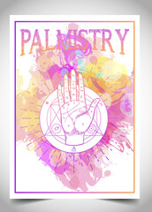 Palmistry, palm reading, chiromancy, or chirology. Business card design template for fortune teller, magician. Vector illustration with a hand. Fortune telling