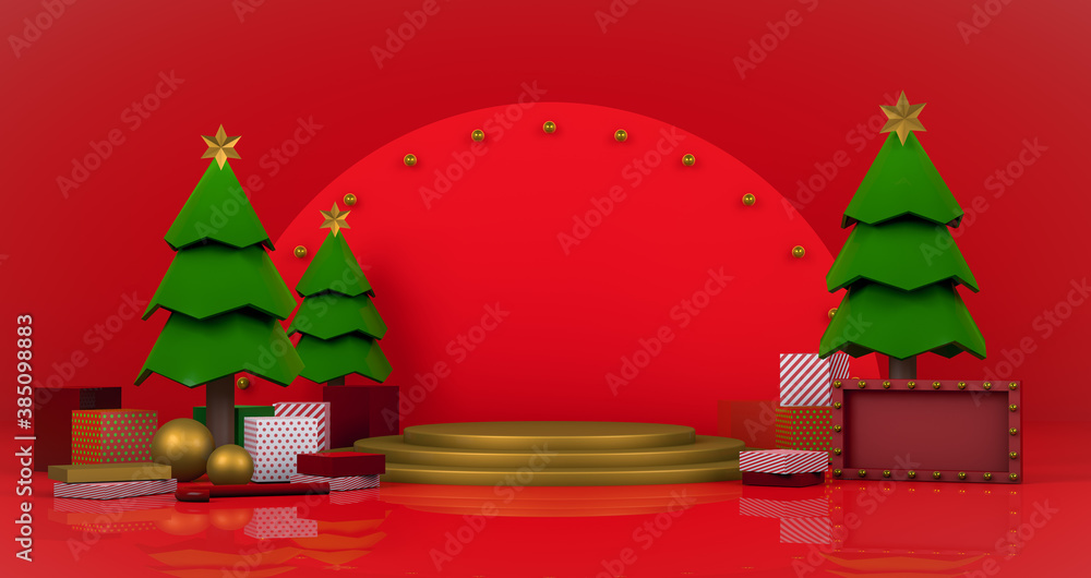 Poster 3d rendering, abstract mock up christmas trees decoration display with gift box on gold empty podium