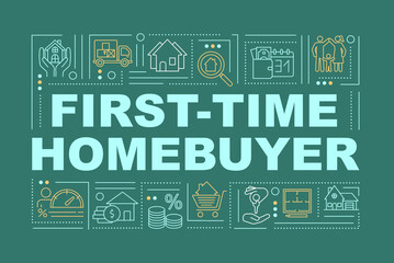 First-time homebuyer word concepts banner. Owned property. Looking for home. Infographics with linear icons on dark green background. Isolated typography. Vector outline RGB color illustration