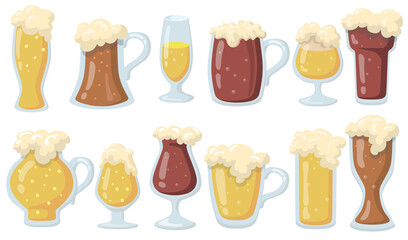 Glasses of beer set. Pints and mugs of ale, lager and stout with foam, Vector illustrations for restaurant menu, bar, pub, alcohol, brewery concept