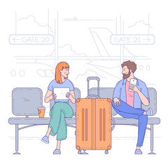 Young man and woman sitting in airport terminal. Flat design vector travel and vacation concept.