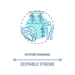 Oyster farming concept icon. Luxury seafoods growing. Healthy organic foods. Shellfishes picking. Aquaculture idea thin line illustration. Vector isolated outline RGB color drawing. Editable stroke