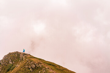 Montenegrin ridge in the clouds, Gutyn Tomnatyk mountain in the clouds, picturesque and fascinating magical landscapes from the mountain to the valleys.