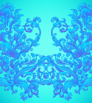 Vintage baroque floral seamless pattern in bright neon colors. 1980s style. Ornate vector decoration. Luxury, royal and Victorian concept. Vintage design with repetition. Heraldic floral texture.
