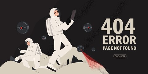 Astronaut exploring outer space and distant planets. Cosmonaut in spacesuit searching life and doing research. Human spaceflight. Modern vector illustration. 404 page not found error concept banner.