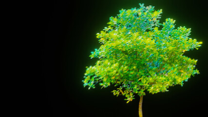 Baum mit glühender Silhouette vor schwarzem Hintergrund