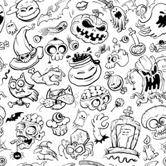 Halloween seamless pattern, hand drawn vector line graphic illustration