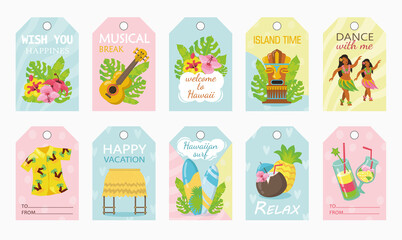 Colorful tags design for holiday on Hawaii vector illustration. Stickers with traditional elements and text. Summer vacation and island concept. Template for promotion, advertising label or badge