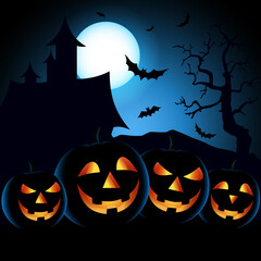 Halloween poster with scary pumpkins in blue black design