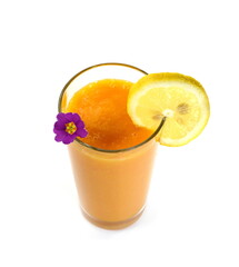 Glass of milkshake or cocktail isolated on white background.  Mango, grapefruit, tangerine mix. 