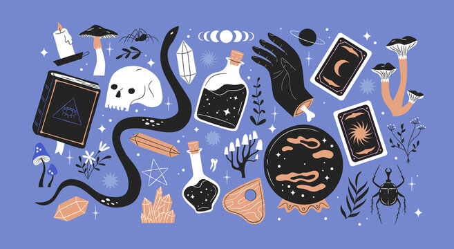 Hand drawn Halloween season decoration collection. Esoteric cartoon icon set with witchcraft book, tarot cards, creepy magic elements and occult symbols.